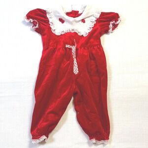 Vintage California Tahi Baby Velvet Romper Red Lace Holiday Outfit 1980s‎